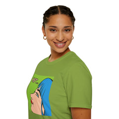 Pop Art Gal T-Shirt featuring Blue Hair and Red Lips Unisex Soft Style Shirt