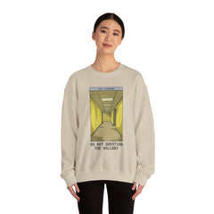 Crewneck Sweatshirt "Do Not Question the Hallway" – Retro Yellow Corridor Graphic
