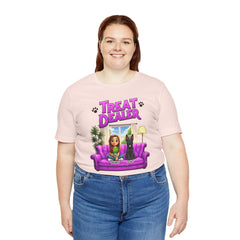 Personalized Treat Dealer T-Shirt — Funny Pet Lover Tee with Girl and Dog on Purple Couch