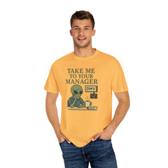 Humorous Alien Manager T-Shirt, Funny Graphic Tee, Unisex Casual Wear, Gift for Work, Quirky T-Shirt, DMV Humor Shirt