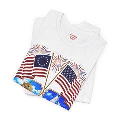 250 Years of Liberty Patriotic T-Shirt - Unique 1776 Tall Ship Brig and a 2026 Flying Scot Sailing Racer
