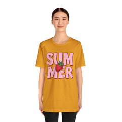 Summer Strawberry T-Shirt — Cute Pink Graphic Tee with Strawberry "SUMMER" Design