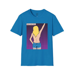 WILD AND FREE Pop Art Blonde Hair Girl with denim shorts and no top Unisex Softstyle T Shirt