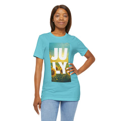 July Sunflower T‑Shirt – Summer Graphic Tee with 'JULY' Text