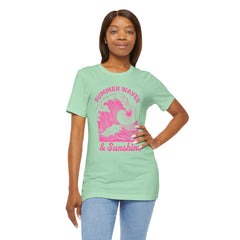 Summer Waves & Sunshine Tee — Retro Pink Surf Graphic T-Shirt