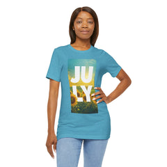 July Sunflower T‑Shirt – Summer Graphic Tee with 'JULY' Text