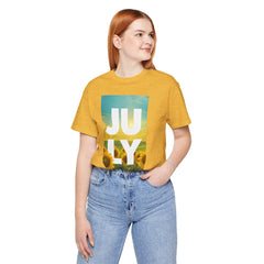 July Sunflower T‑Shirt – Summer Graphic Tee with 'JULY' Text