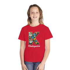 Flower K Kindergarten Youth Tee | Cute Kids Shirt, School Apparel, Gift for Students, Back to School, Floral Design