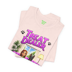 Personalized Treat Dealer T-Shirt — Funny Pet Lover Tee with Girl and Dog on Purple Couch
