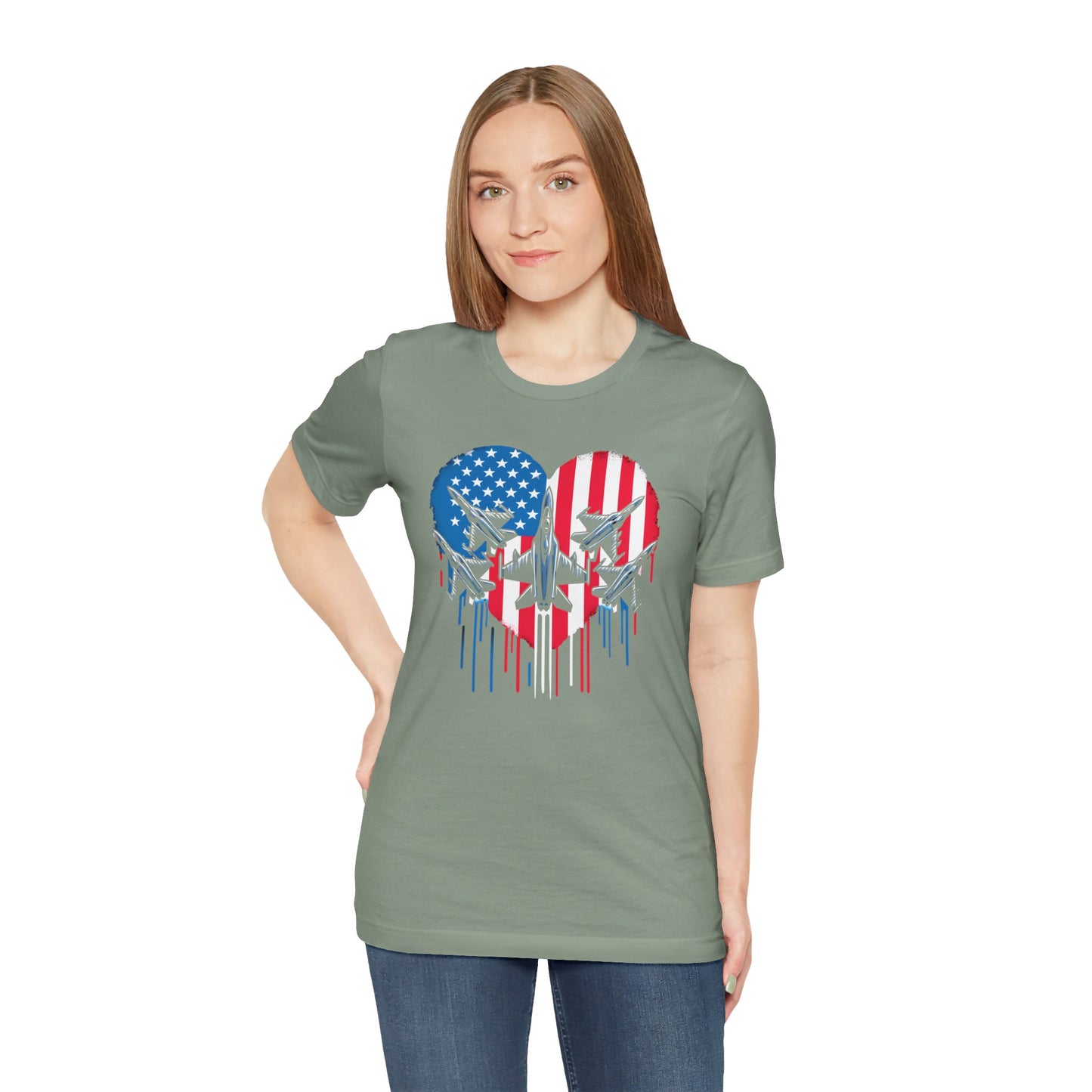 Red White and Blue Heart with Jets Graphic, Unisex Jersey Short Sleeve Tee