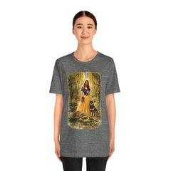 Fairy Tale Forest Tee — Woman with Dog Vintage Fantasy Graphic Shirt