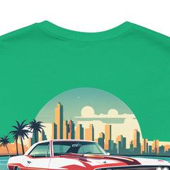 Vintage Car Graphic Tee - Sunset Cityscape Design