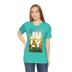 July Sunflower T‑Shirt – Summer Graphic Tee with 'JULY' Text