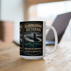 Submarine Veteran Three Panel Ceramic Mug — "Qualified in Submarines" The Rest Is Surface Noise" (15oz)