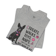 Personalized Your Dog and its name Mother's Day T-Shirt — 'Treats. Walks. Toys. Naps.