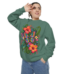 Floral Butterfly Sweatshirt — Tropical Hibiscus Garden Crewneck