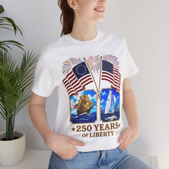 250 Years of Liberty Patriotic T-Shirt - Unique 1776 Tall Ship Brig and a 2026 Flying Scot Sailing Racer