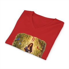 Forest Maiden V-Neck Tee — Woman with Dog & Nature Illustration
