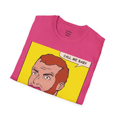 Call Me Baby Unisex Softstyle T-Shirt  Pop Art Bearded Guy with a pacifier and a bow tie