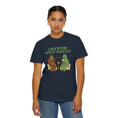 Cryptid Group Therapy Bigfoot, Mothman and Loch Nessie Unisex T-Shirt, Funny Graphic Tee, Gift for Cryptid Lovers, Quirky Casual Wear, Cool Humor Shirt