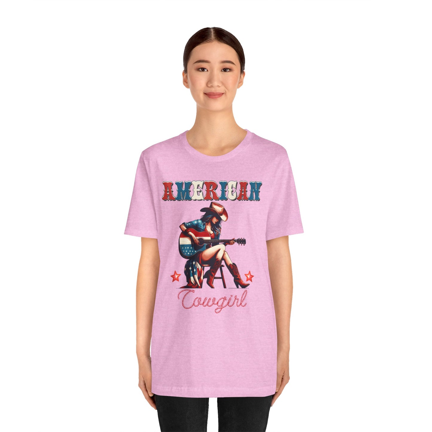 American Cowgirl, Playing Guitar Graphic, Unisex Jersey Short Sleeve Tee