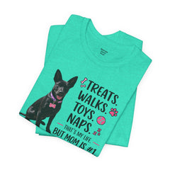 Personalized Your Dog and its name Mother's Day T-Shirt — 'Treats. Walks. Toys. Naps.