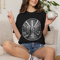 Don;t Stop Believing Subway Reflection T-Shirt — Vintage Black & White Urban Photo Tee