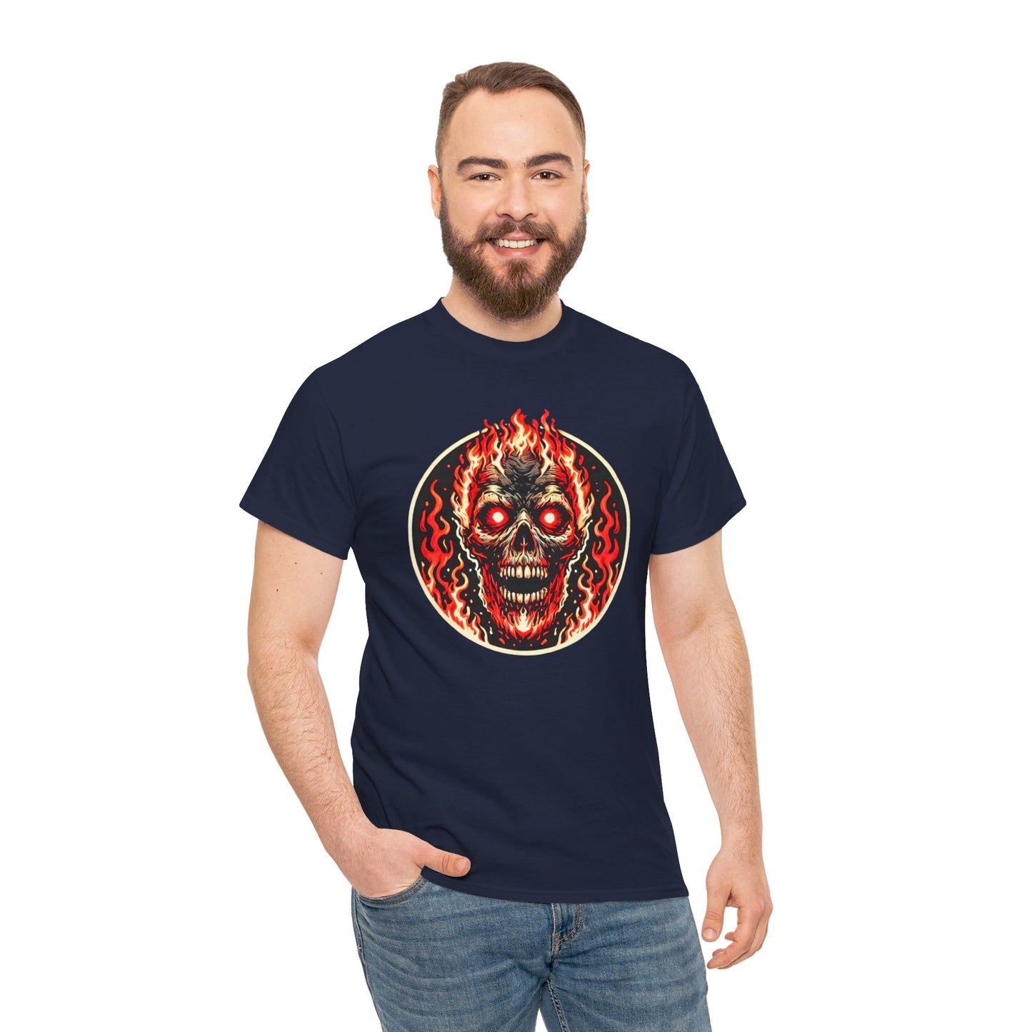 Flaming Fire Skull - Graphic Unisex Heavy Cotton Tee