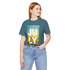 July Sunflower T‑Shirt – Summer Graphic Tee with 'JULY' Text
