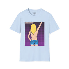 WILD AND FREE Pop Art Blonde Hair Girl with denim shorts and no top Unisex Softstyle T Shirt