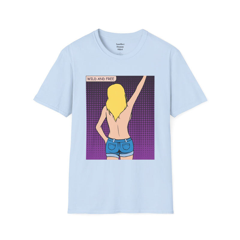 WILD AND FREE Pop Art Blonde Hair Girl with denim shorts and no top Unisex Softstyle T Shirt
