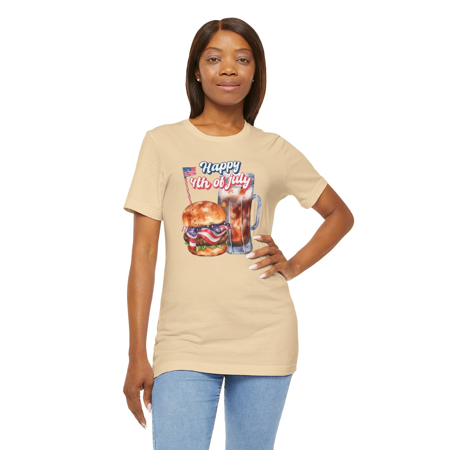 Happy 4th Of July Burger and Mug Graphic, Unisex Jersey Short Sleeve Tee