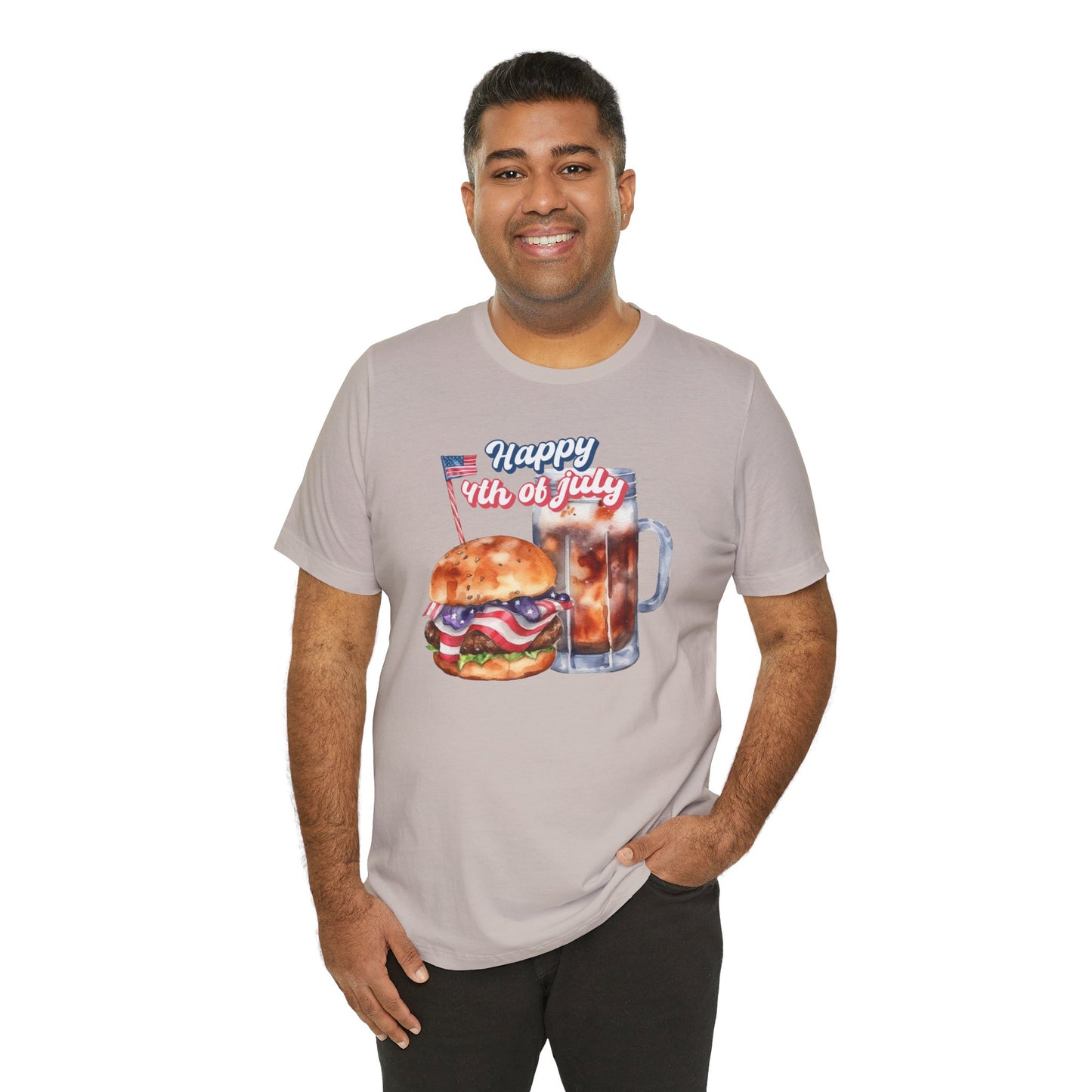 Happy 4th Of July Burger and Mug Graphic, Unisex Jersey Short Sleeve Tee