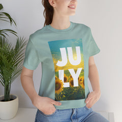 July Sunflower T‑Shirt – Summer Graphic Tee with 'JULY' Text