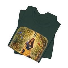 Fairy Tale Forest Tee — Woman with Dog Vintage Fantasy Graphic Shirt