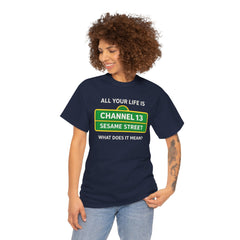 FUNNY T SHIRT  ALL YOUR LIFE IS CHANNEL 13 SESAME STREET WHAT DOES IT MEAN? MUSIC LYRICS. Unisex Heavy Cotton Tee