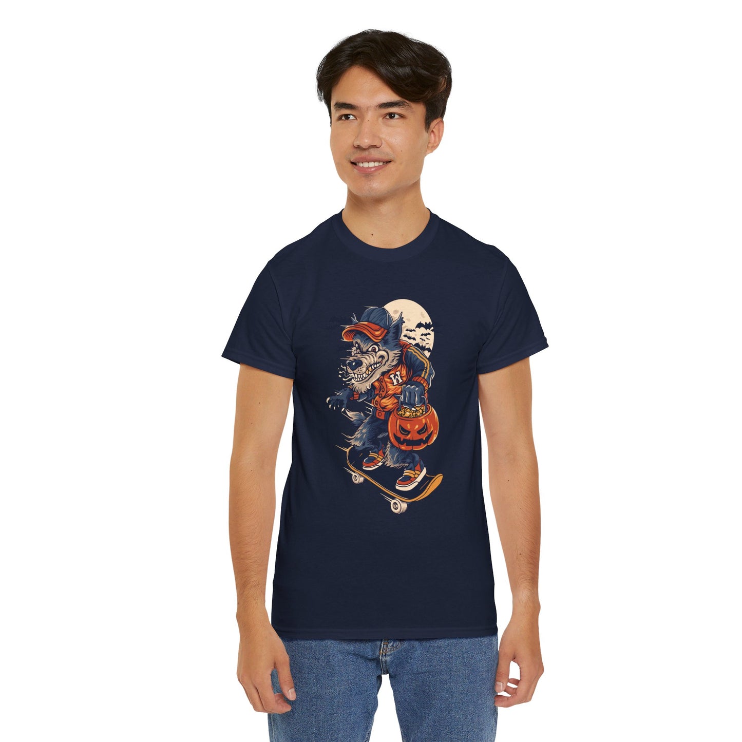 Trick or Treat Skateboarding Wolf! Graphic Unisex Heavy Cotton Tee