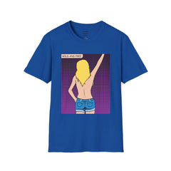 WILD AND FREE Pop Art Blonde Hair Girl with denim shorts and no top Unisex Softstyle T Shirt