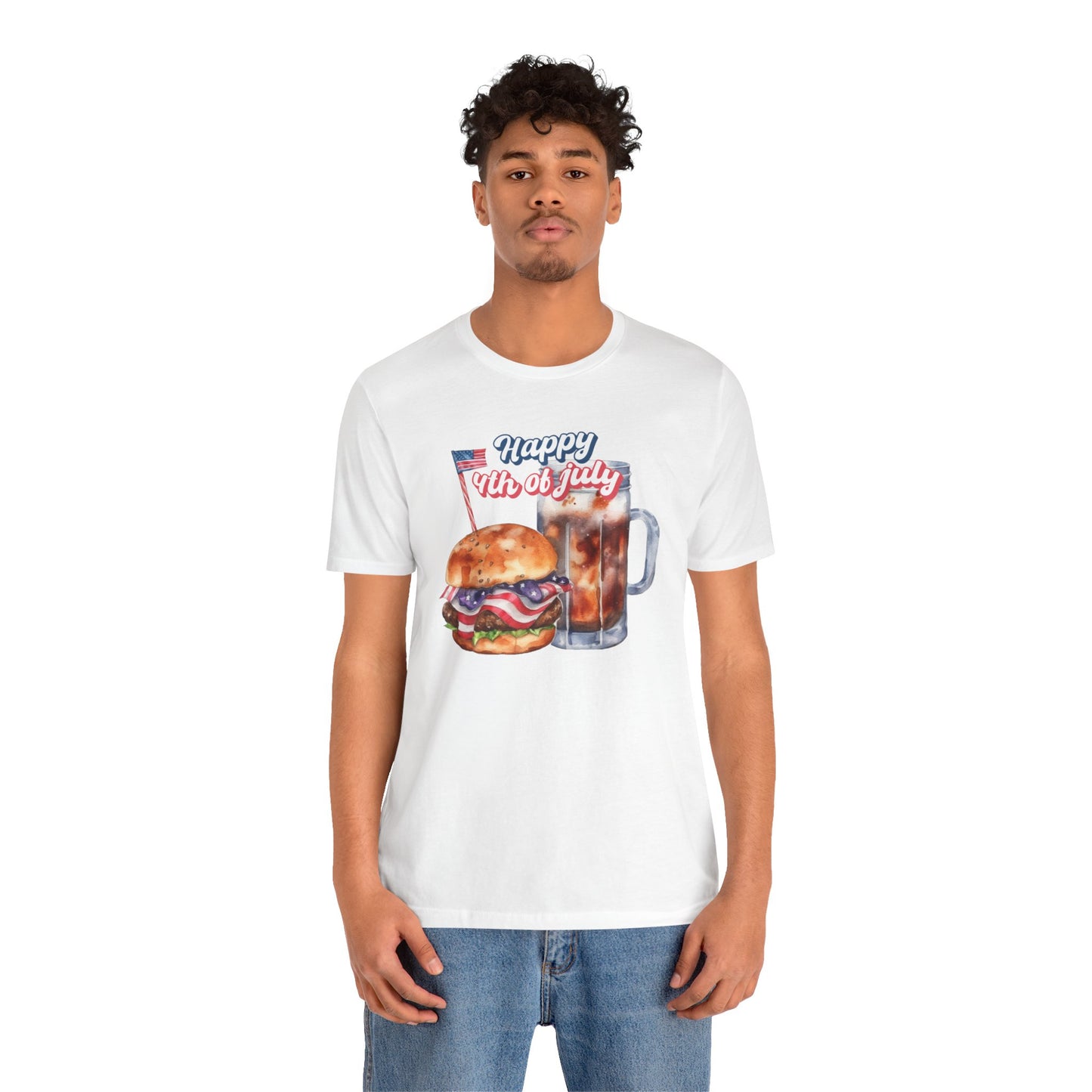 Happy 4th Of July Burger and Mug Graphic, Unisex Jersey Short Sleeve Tee