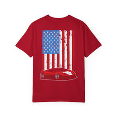 Patriotic Car Graphic Unisex T-Shirt - Vintage American Flag Design