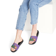 Russell Sage College Mascot Characters Graphic Women's Summer Slide Sandals -  Purple Cow, Red Devil, Golden Horseshoe, Blue Angel