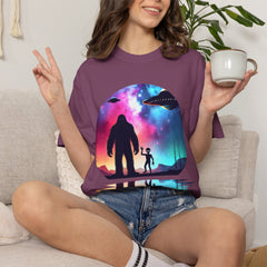 Bigfoot & Alien Nightscape T-Shirt — Sasquatch UFO Graphic Tee