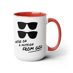 Funny Movie Quote Mug, We're On A Mission From God, Blues Brothers Movie, Cheap Sunglasses, Novelty Gift, 80s Movie Mug, Two Tone Mug 15 oz.