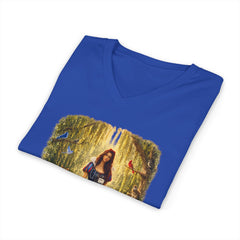 Forest Maiden V-Neck Tee — Woman with Dog & Nature Illustration