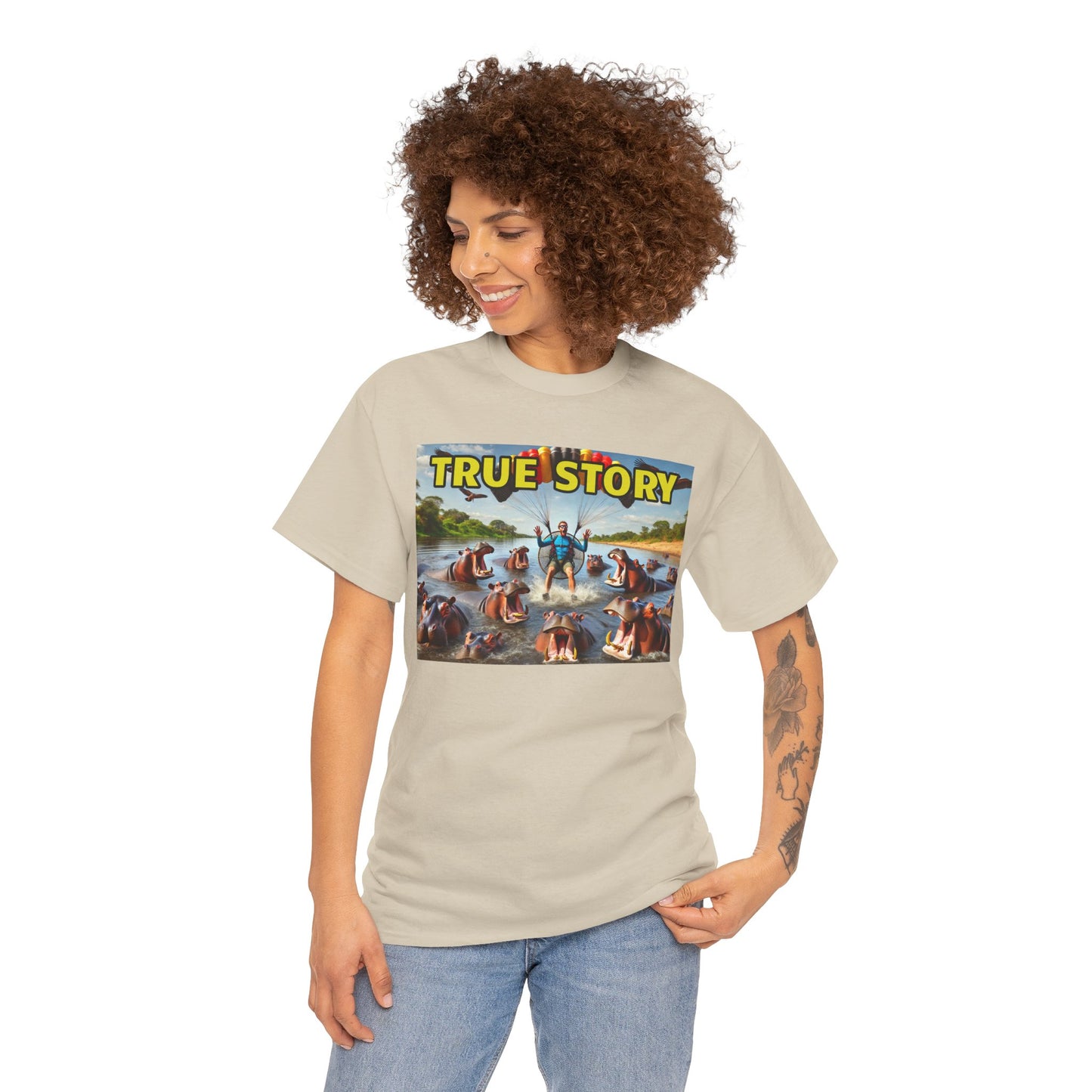 Amputee Humor True Story Paragliding into Hungry Hippos - Unisex Heavy Cotton Tee