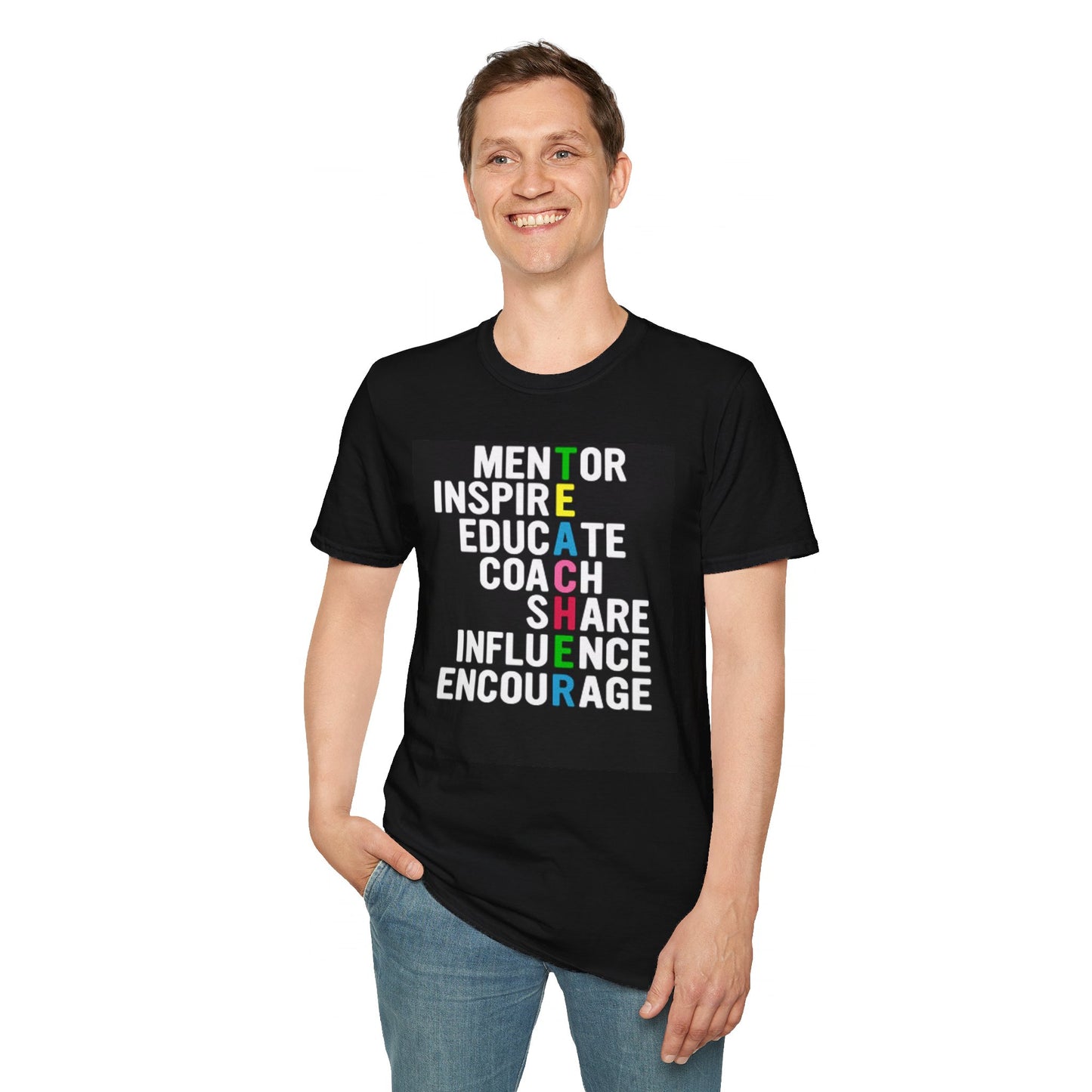 Mentor, Inspire, Educate, Coach, Share, Influence Encourage means Teacher Unisex Softstyle T-Shirt