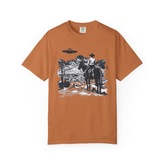 UFO Meets Cowboy Vintage Graphic T-Shirt — Retro Western Alien Tee
