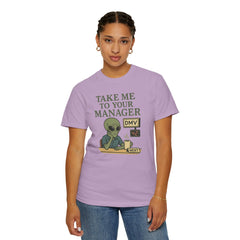 Humorous Alien Manager T-Shirt, Funny Graphic Tee, Unisex Casual Wear, Gift for Work, Quirky T-Shirt, DMV Humor Shirt