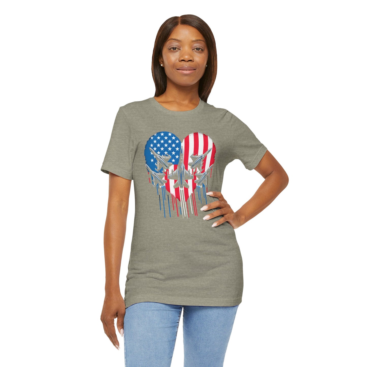 Red White and Blue Heart with Jets Graphic, Unisex Jersey Short Sleeve Tee