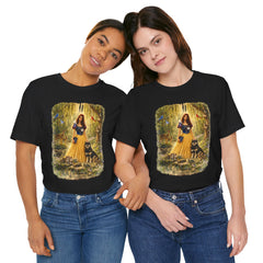 Fairy Tale Forest Tee — Woman with Dog Vintage Fantasy Graphic Shirt